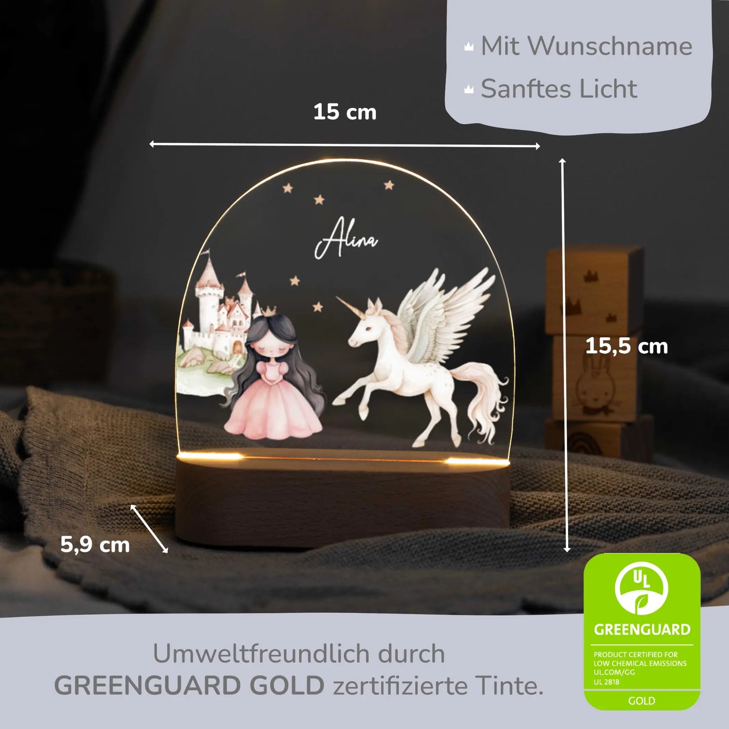 LED Nachtlicht Kinder personalisiert - Prinzessin braun mit Einhorn