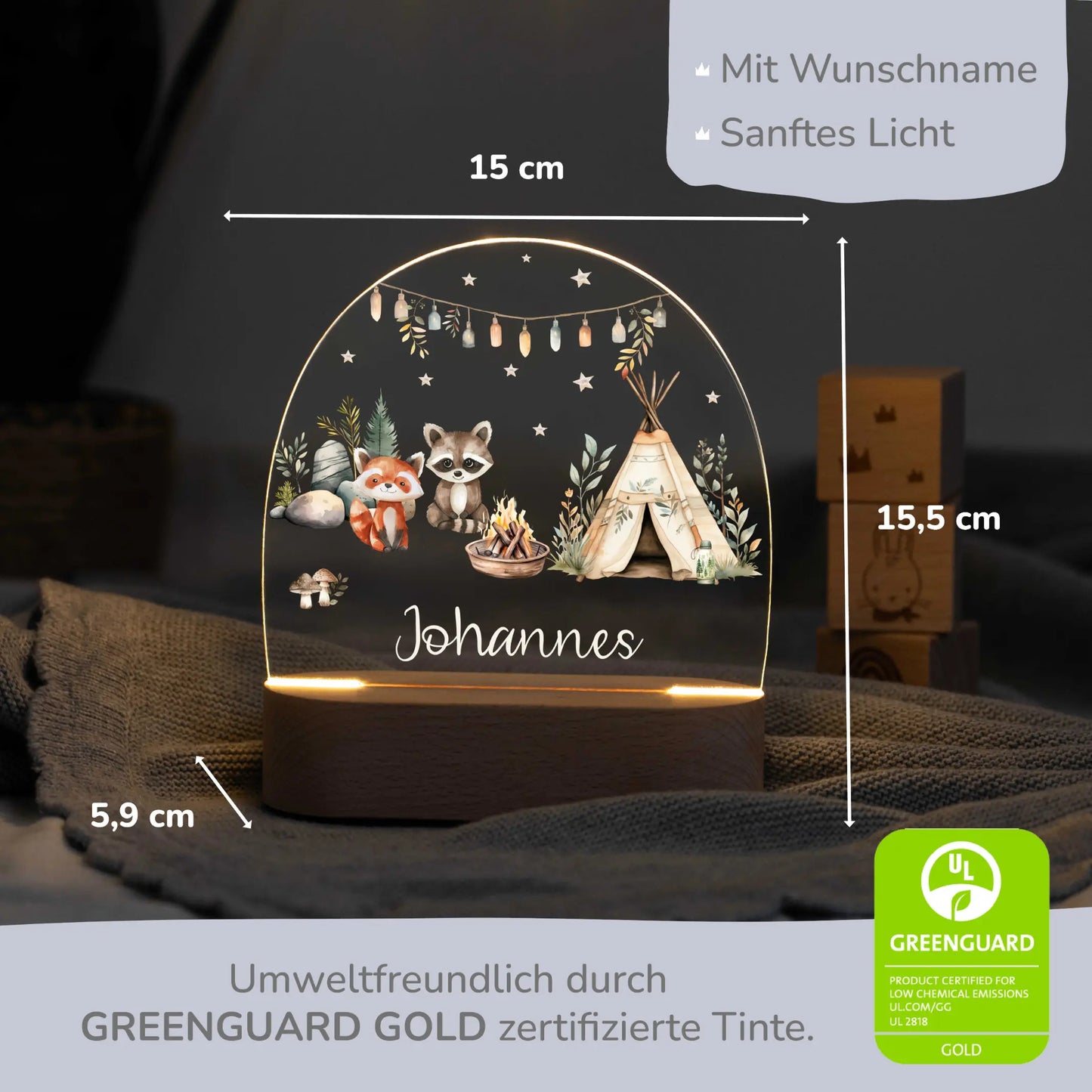 LED Nachtlicht Kinder personalisiert - Lagerfeuer Tiere