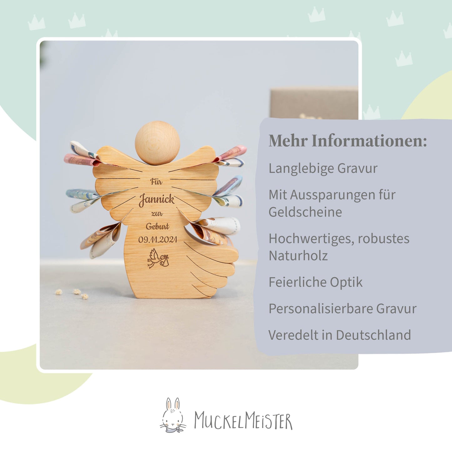 Geldscheinengel mit Gravur zur Geburt