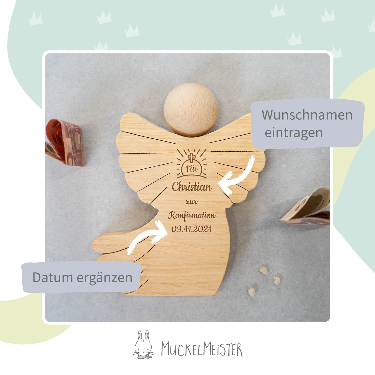Geldscheinengel mit Gravur zur Konfirmation