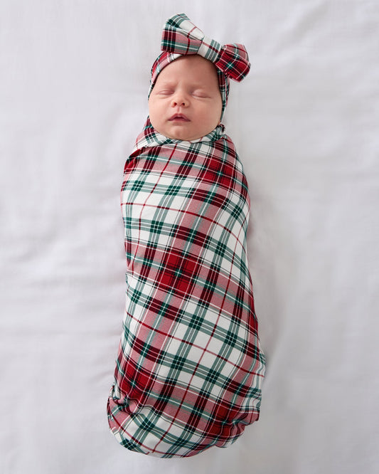 Holly Plaid Swaddle & Luxe Bow Headband Set