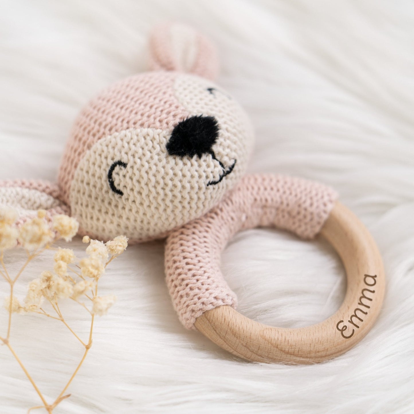 Beißring Baby mit Namen in Rosa