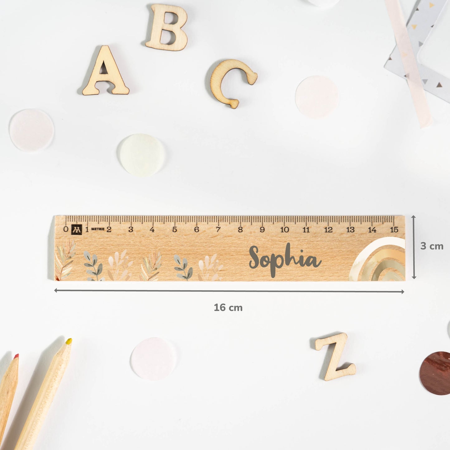 Holzlineal mit Namen zur Einschulung - Motiv Boho