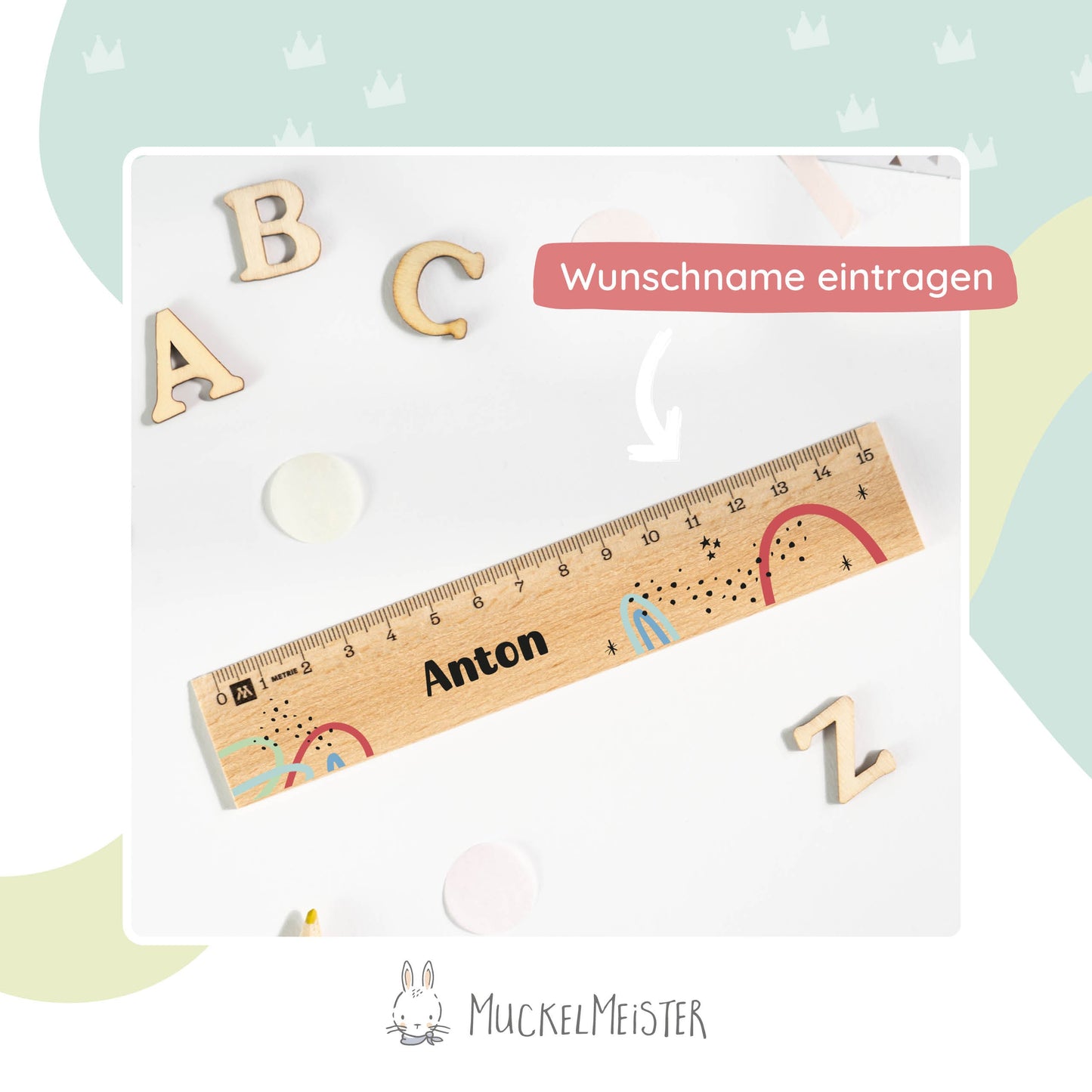 Holzlineal mit Namen zur Einschulung - Motiv Bunt