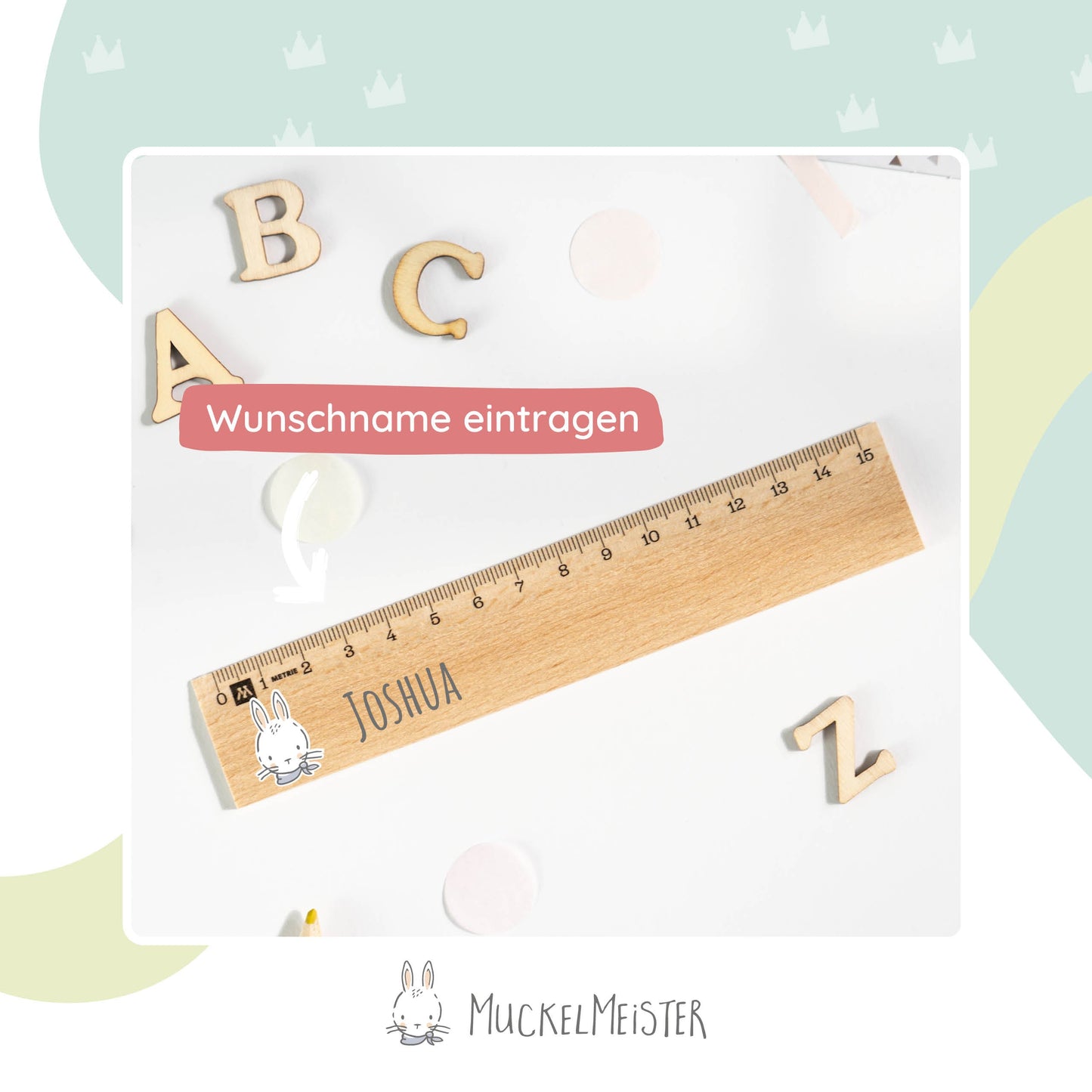 Holzlineal mit Namen zur Einschulung - Motiv Muckelmeister