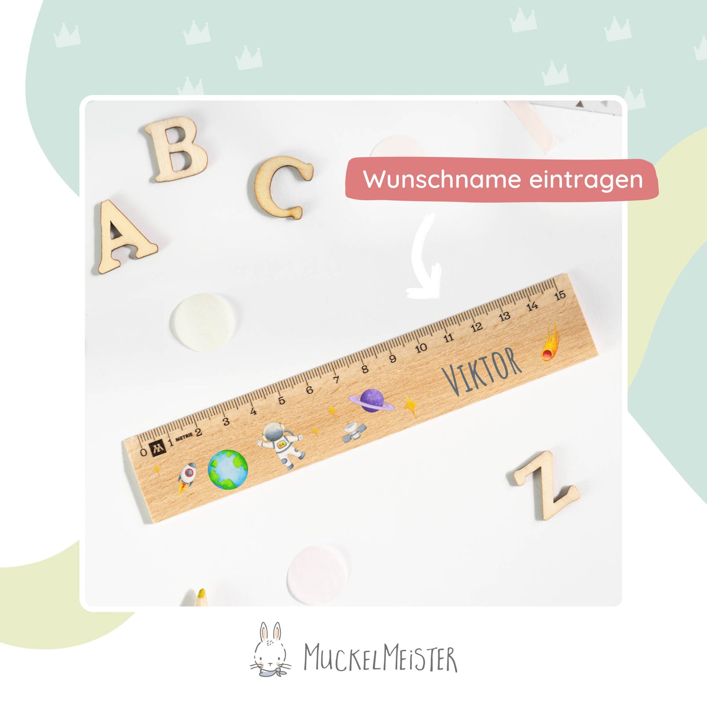 Holzlineal mit Namen zur Einschulung - Motiv Astronaut