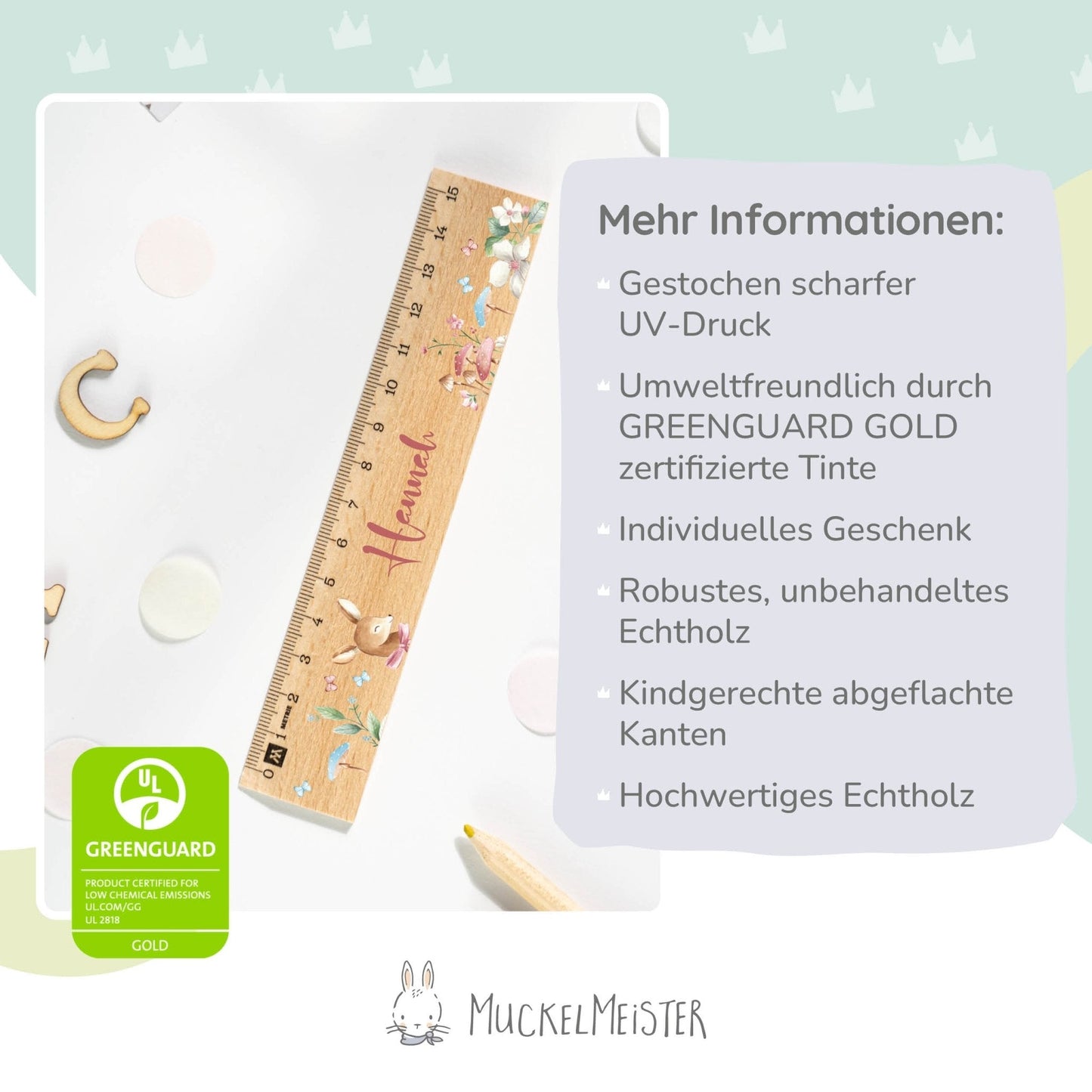 Holzlineal mit Namen zur Einschulung - Motiv Reh