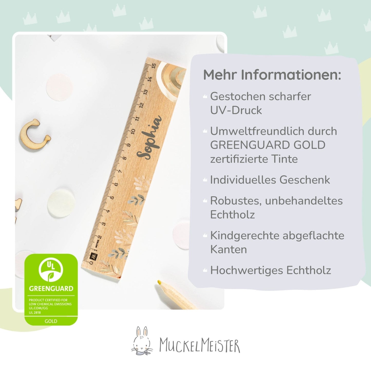 Holzlineal mit Namen zur Einschulung - Motiv Boho