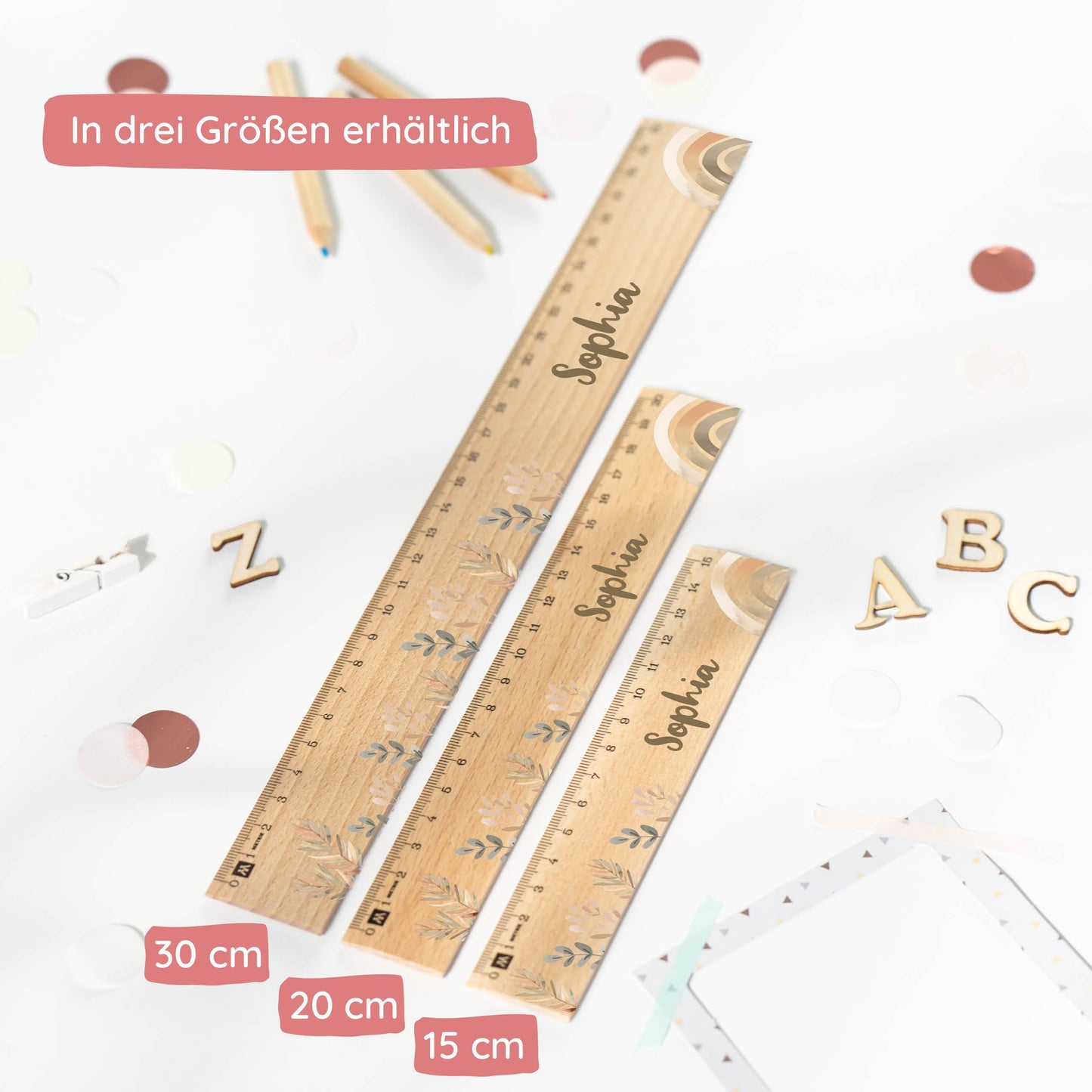 Holzlineal mit Namen zur Einschulung - Motiv Boho