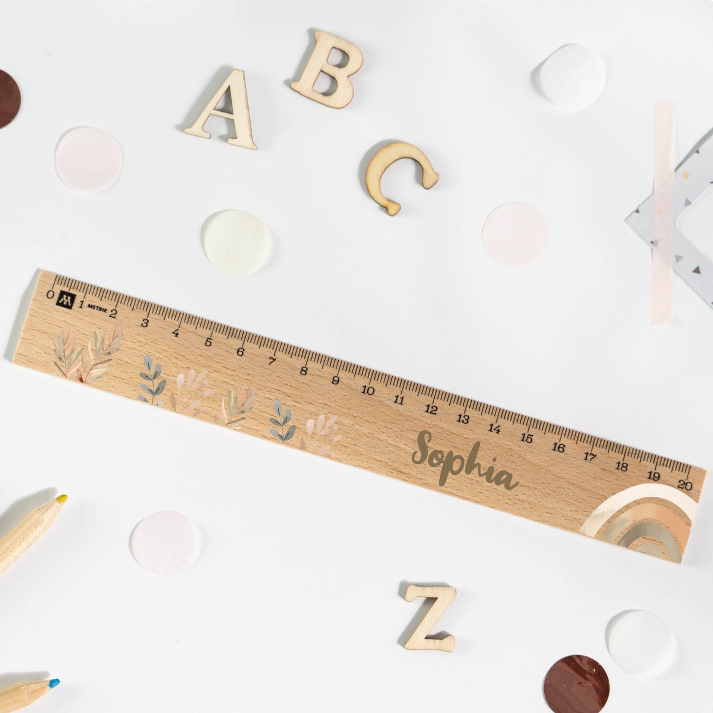 Holzlineal mit Namen zur Einschulung - Motiv Boho