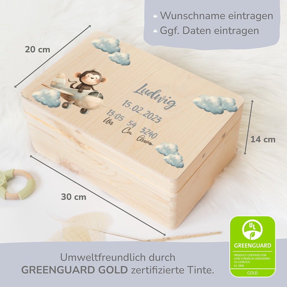 Erinnerungskiste Baby Affe im Flugzeug