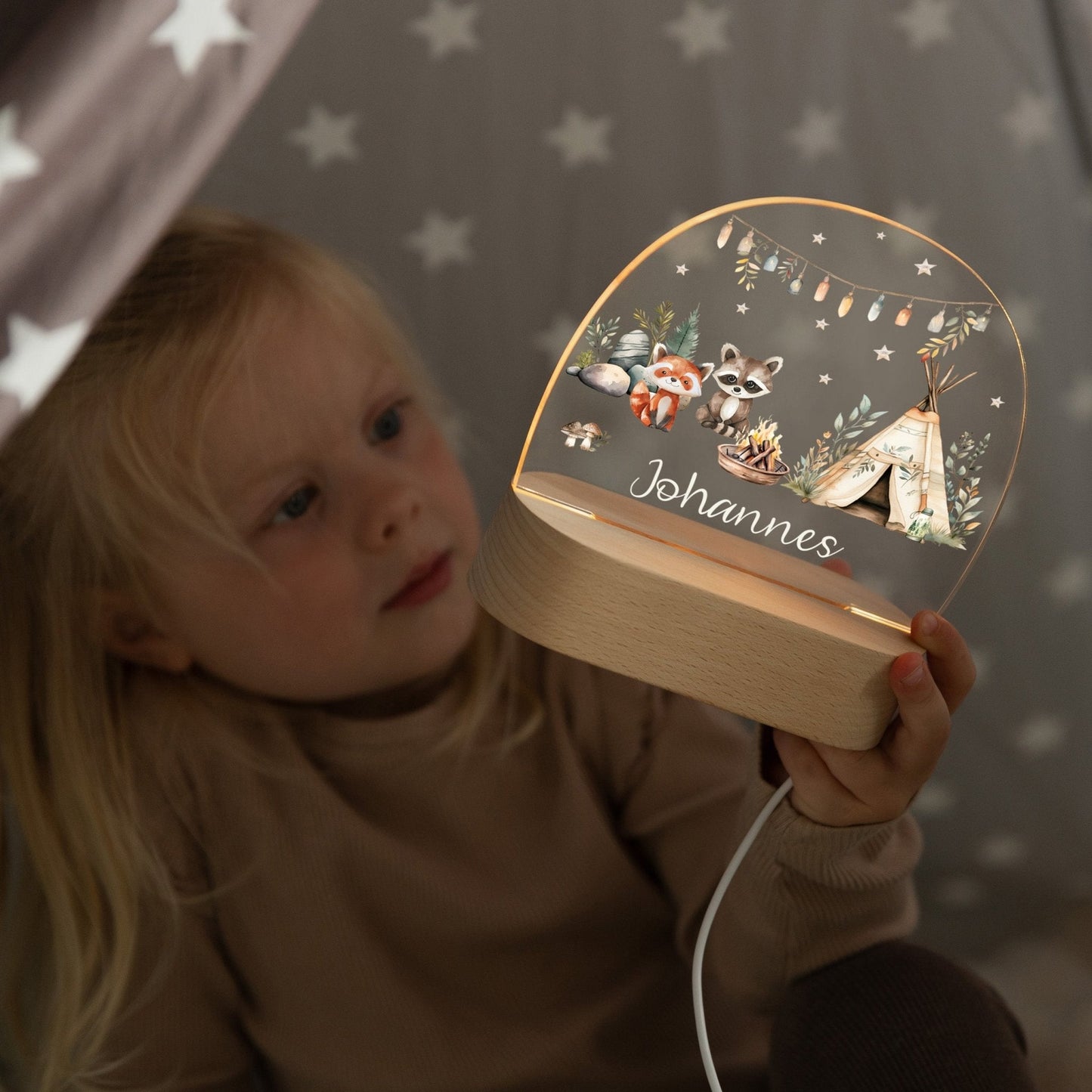LED Nachtlicht Kinder personalisiert - Lagerfeuer Tiere