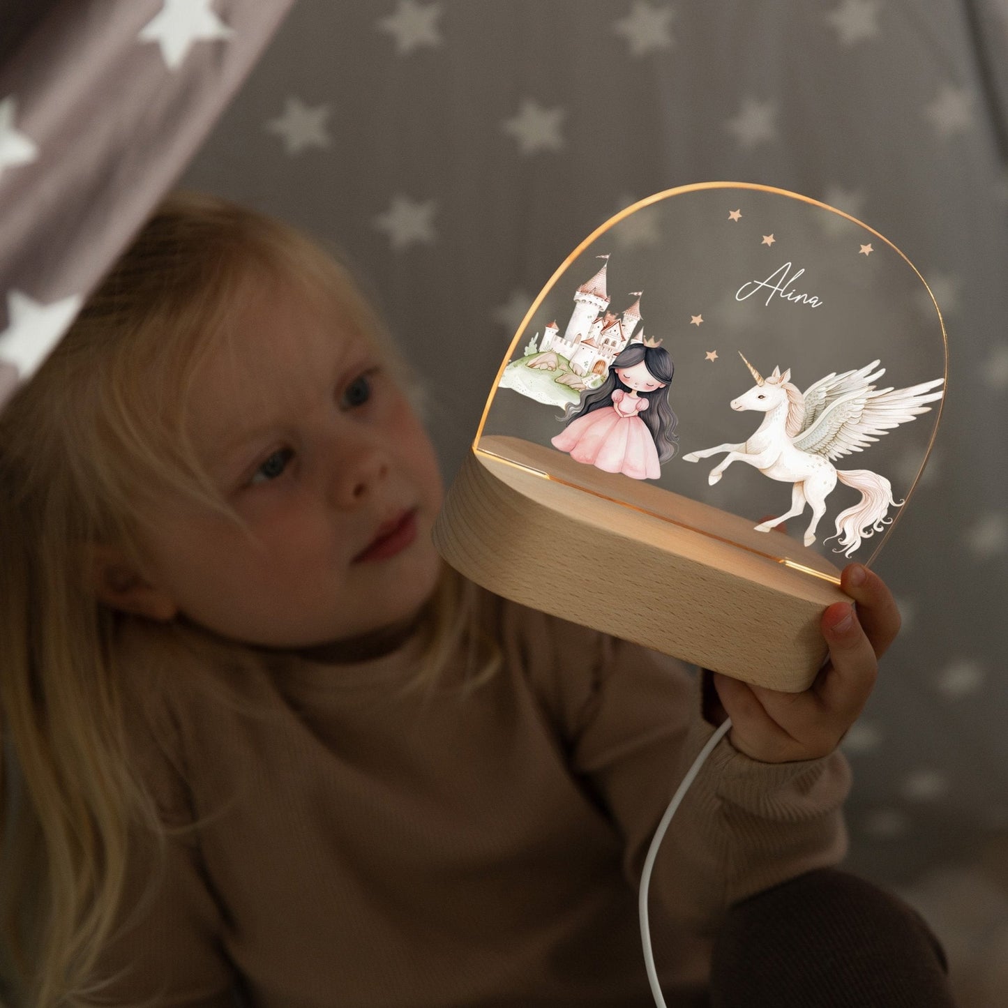 LED Nachtlicht Kinder personalisiert - Prinzessin braun mit Einhorn