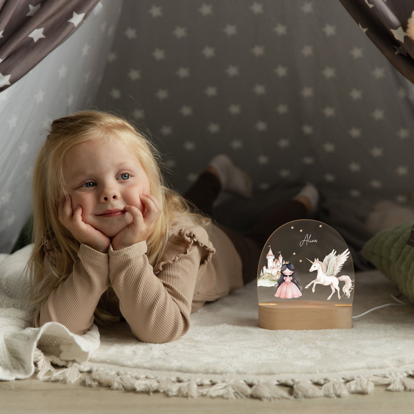 LED Nachtlicht Kinder personalisiert - Prinzessin braun mit Einhorn