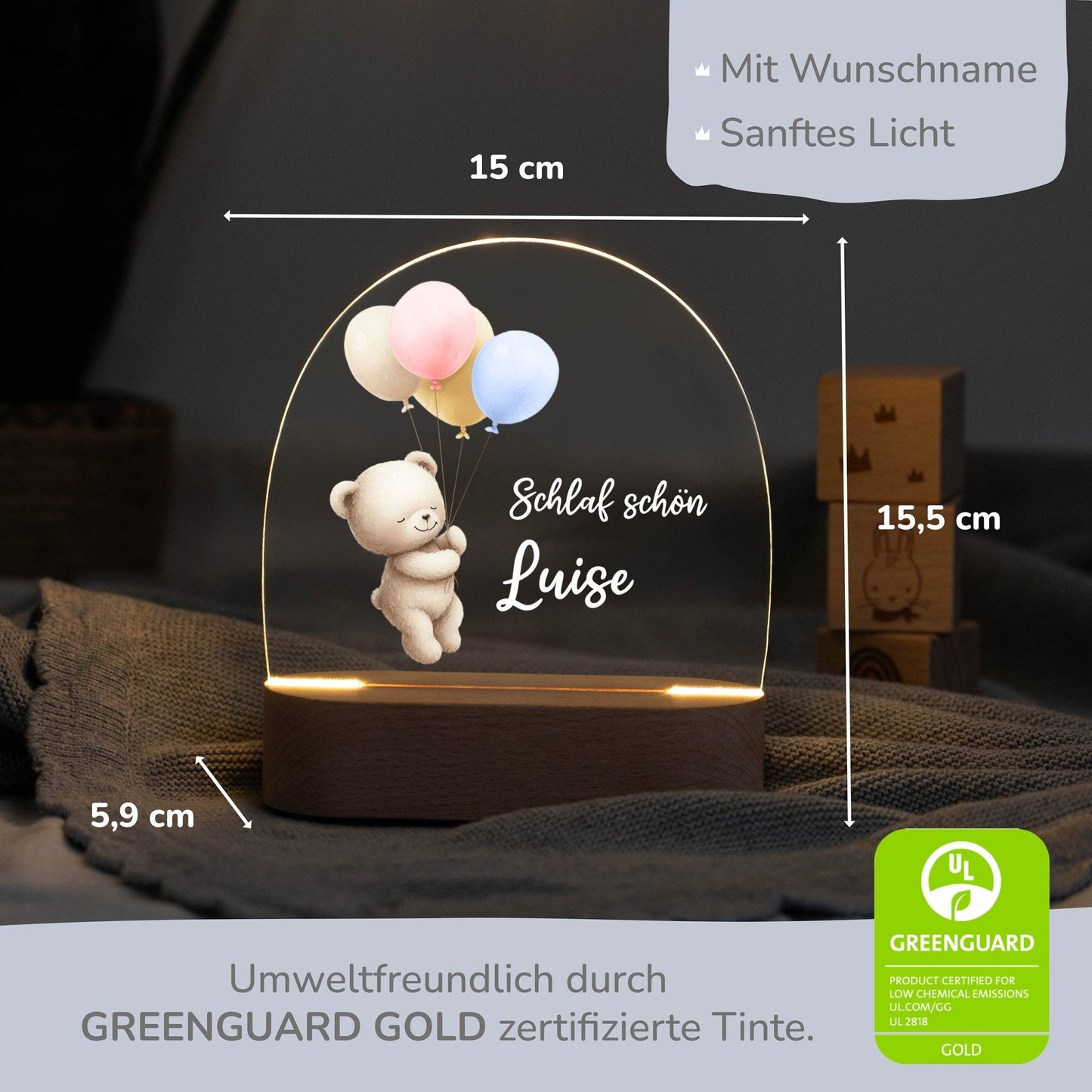 LED Nachtlicht Kinder personalisiert - Bärchen mit Ballons
