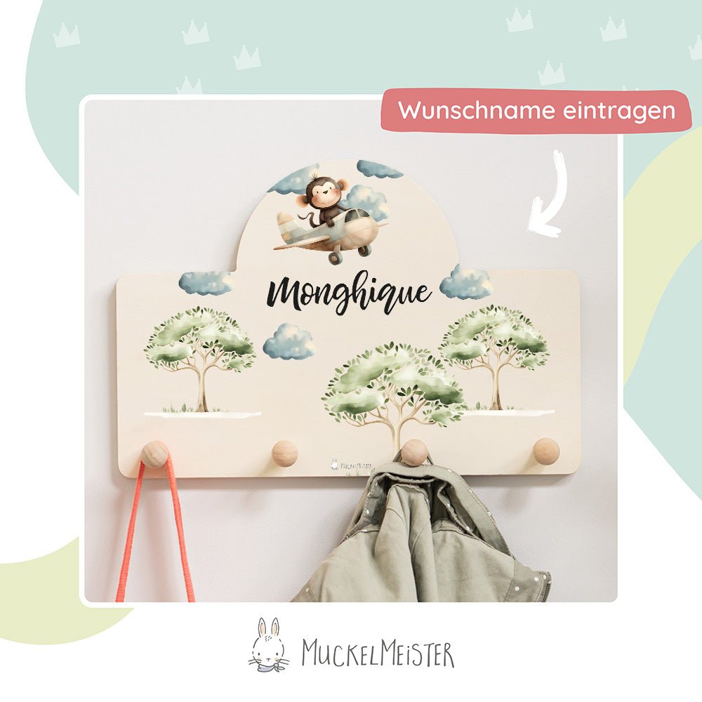 Kindergarderobe Personalisiert - Affe im Flugzeug