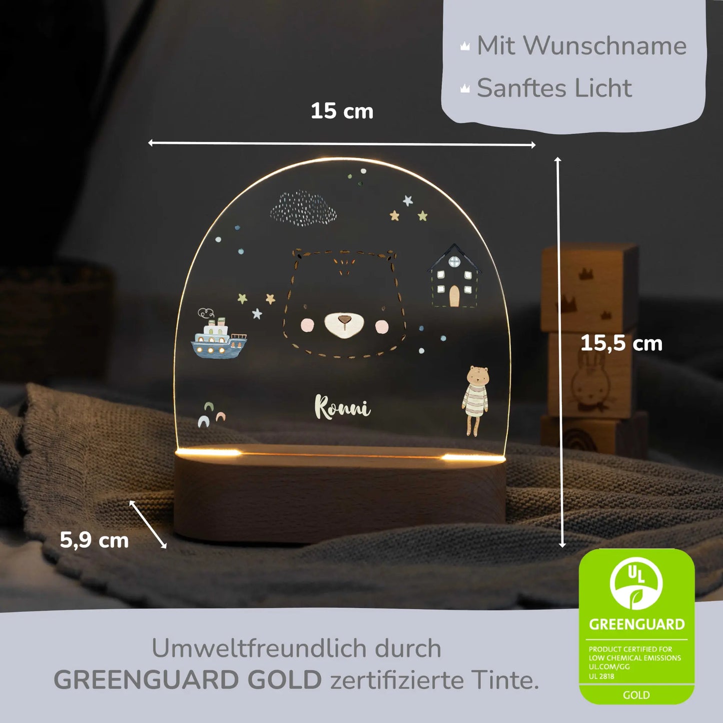 LED Nachtlicht Kinder personalisiert - Strichtier Bär