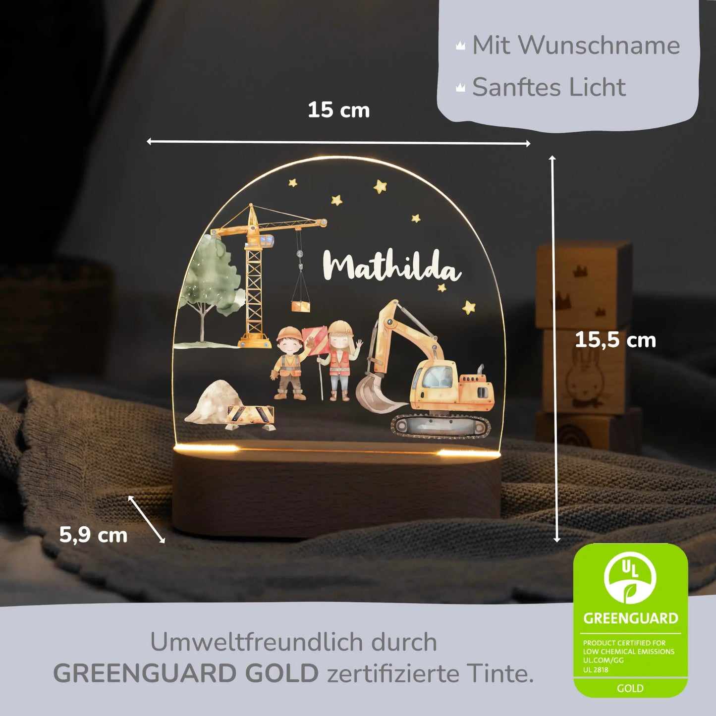 LED Nachtlicht Kinder personalisiert - Baustelle