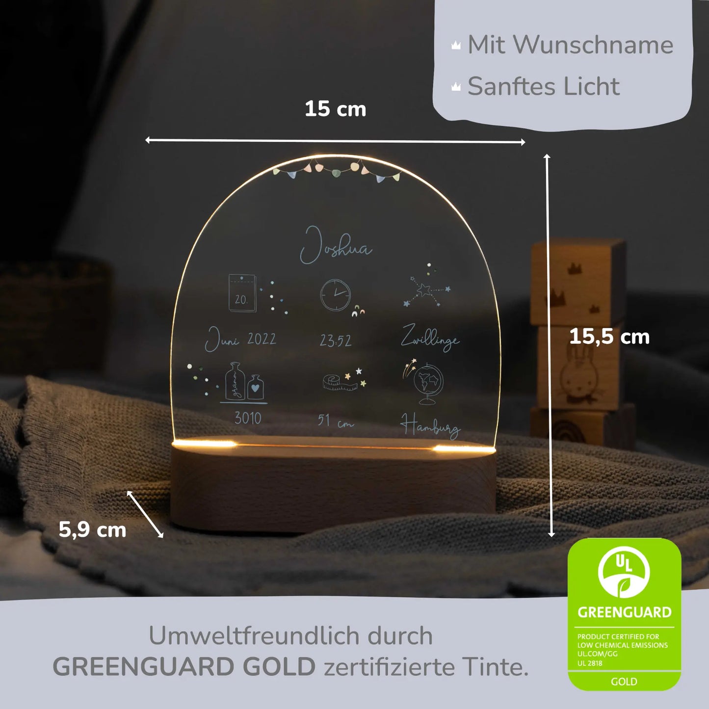 LED Nachtlicht Kinder personalisiert - Geburtsdaten blau