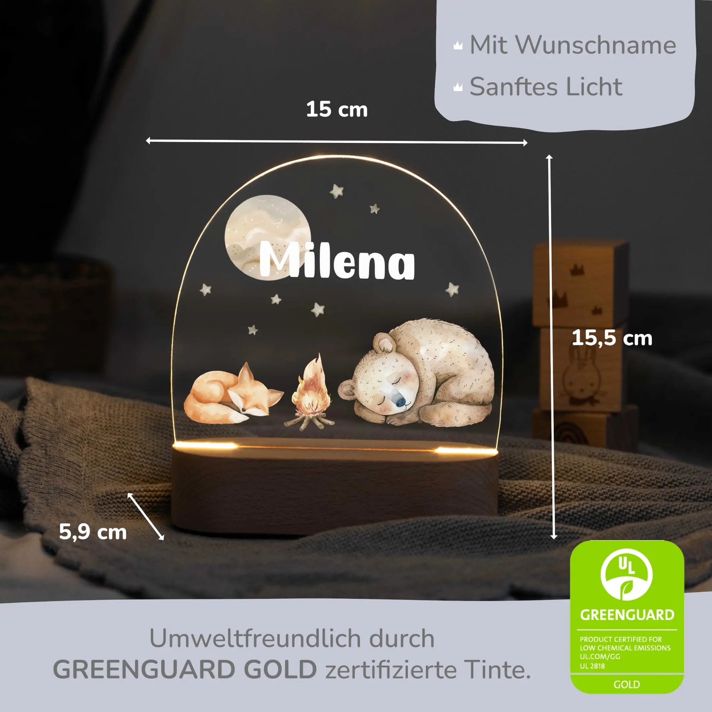 LED Nachtlicht Kinder personalisiert - Lagerfeuer Fuchs und Bär
