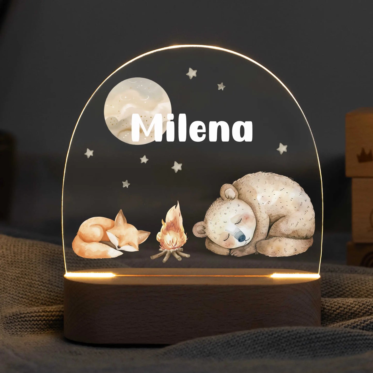 LED Nachtlicht Kinder personalisiert - Lagerfeuer Fuchs und Bär