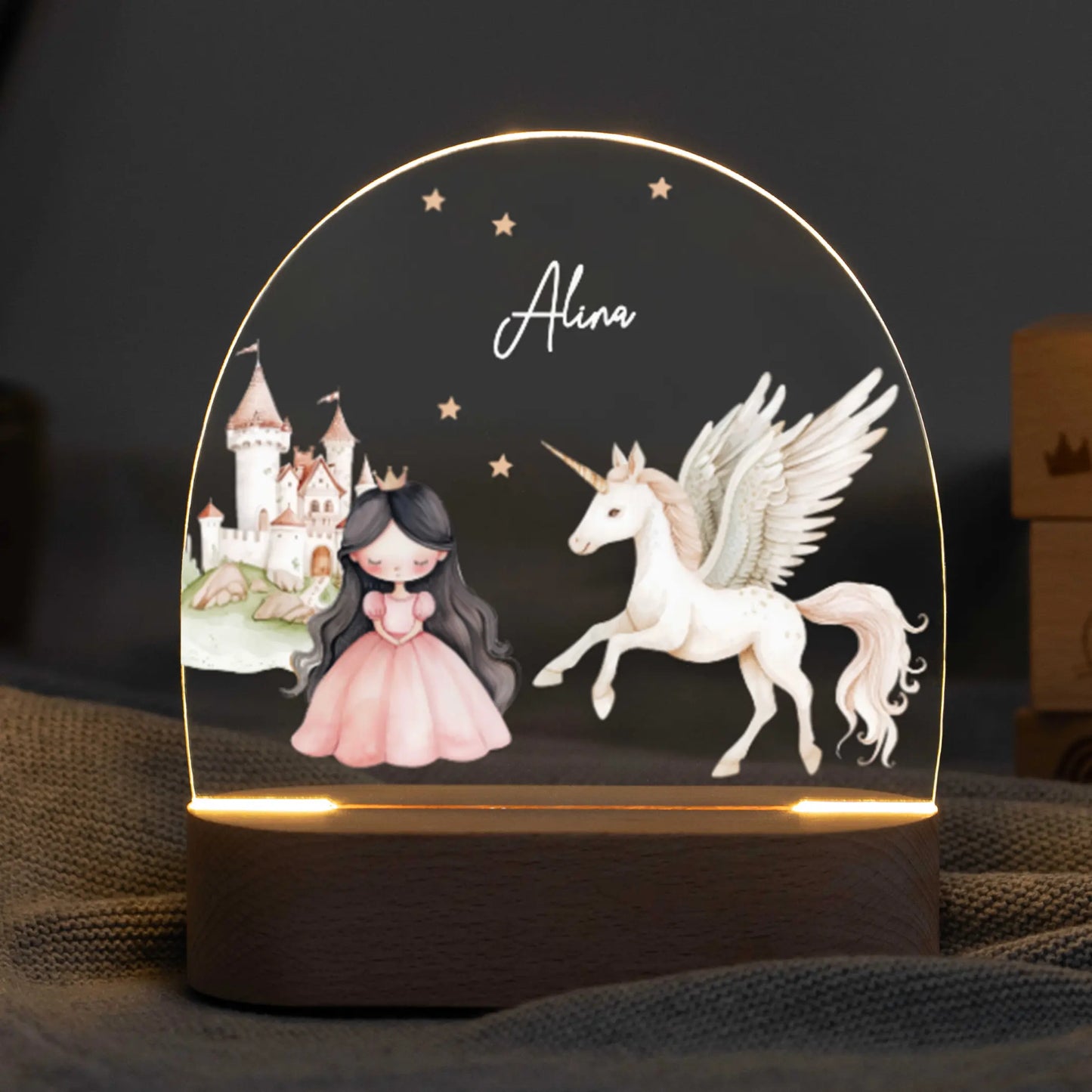 LED Nachtlicht Kinder personalisiert - Prinzessin braun mit Einhorn