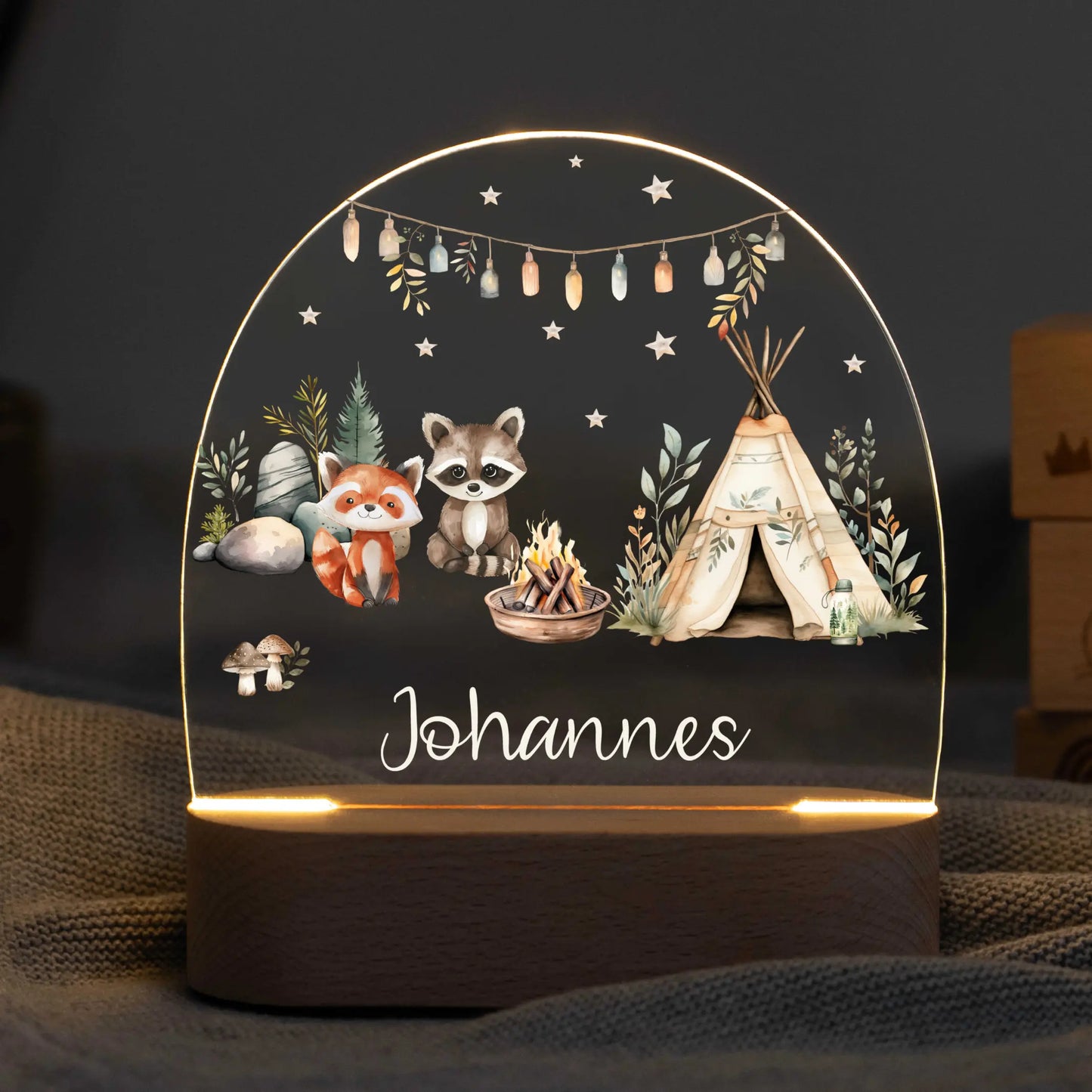 LED Nachtlicht Kinder personalisiert - Lagerfeuer Tiere