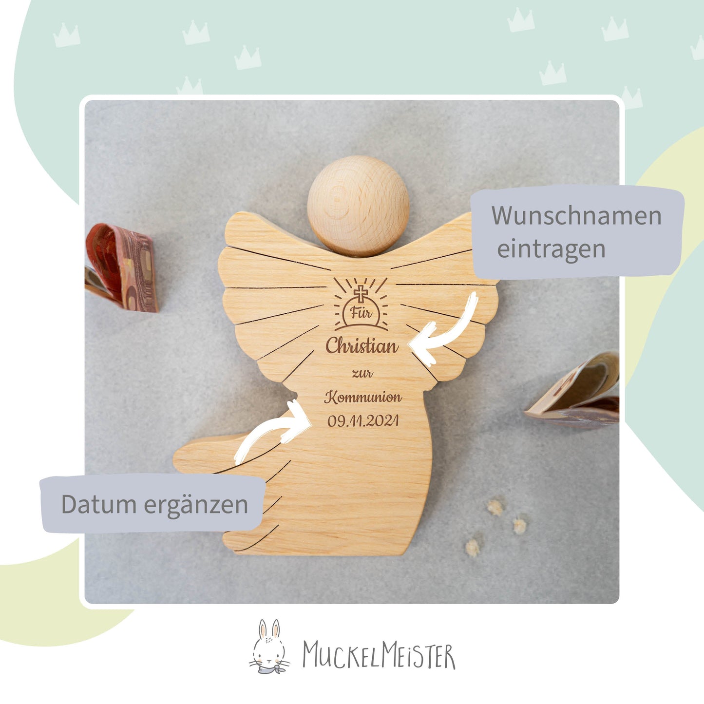 Geldscheinengel mit Gravur zur Kommunion