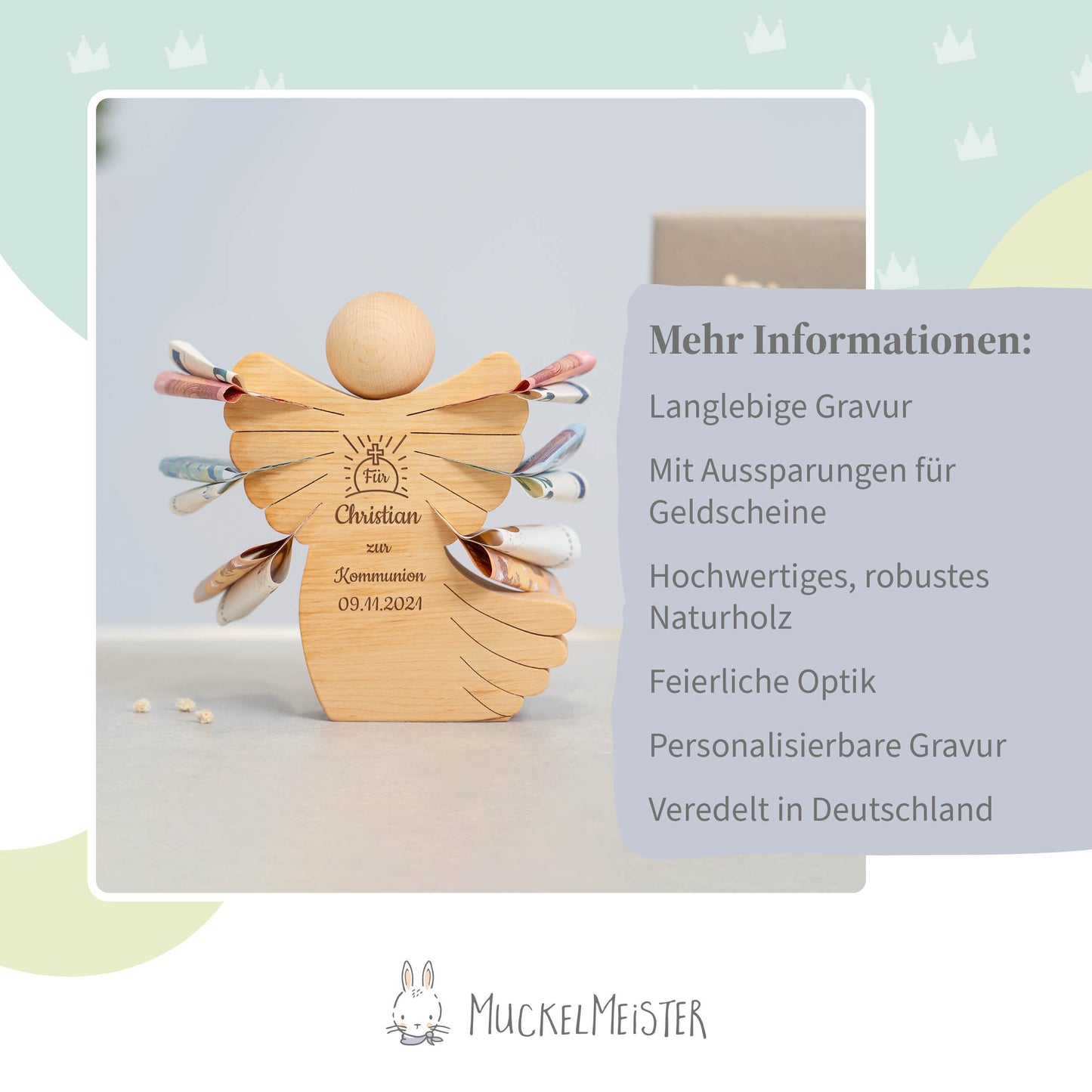 Geldscheinengel mit Gravur zur Kommunion