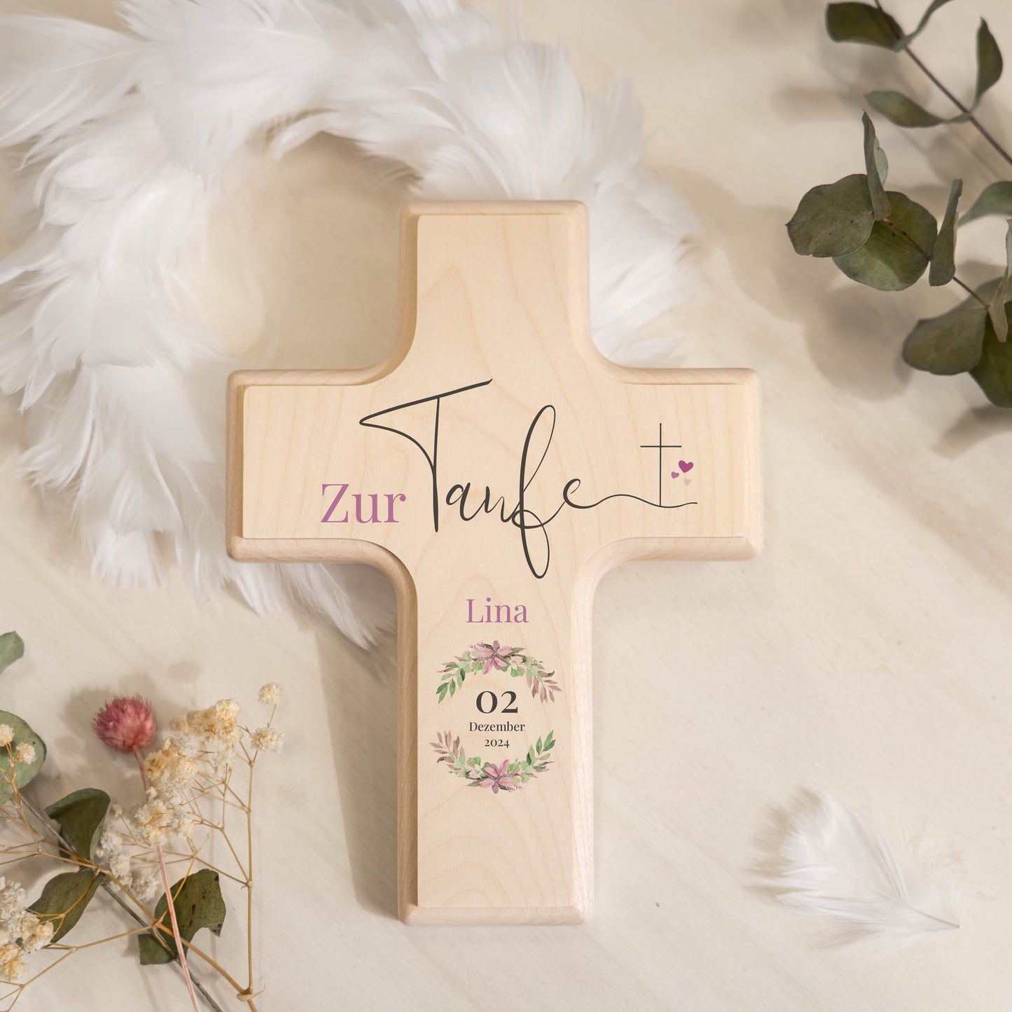 Taufkreuz Personalisiert Kranz Rosa