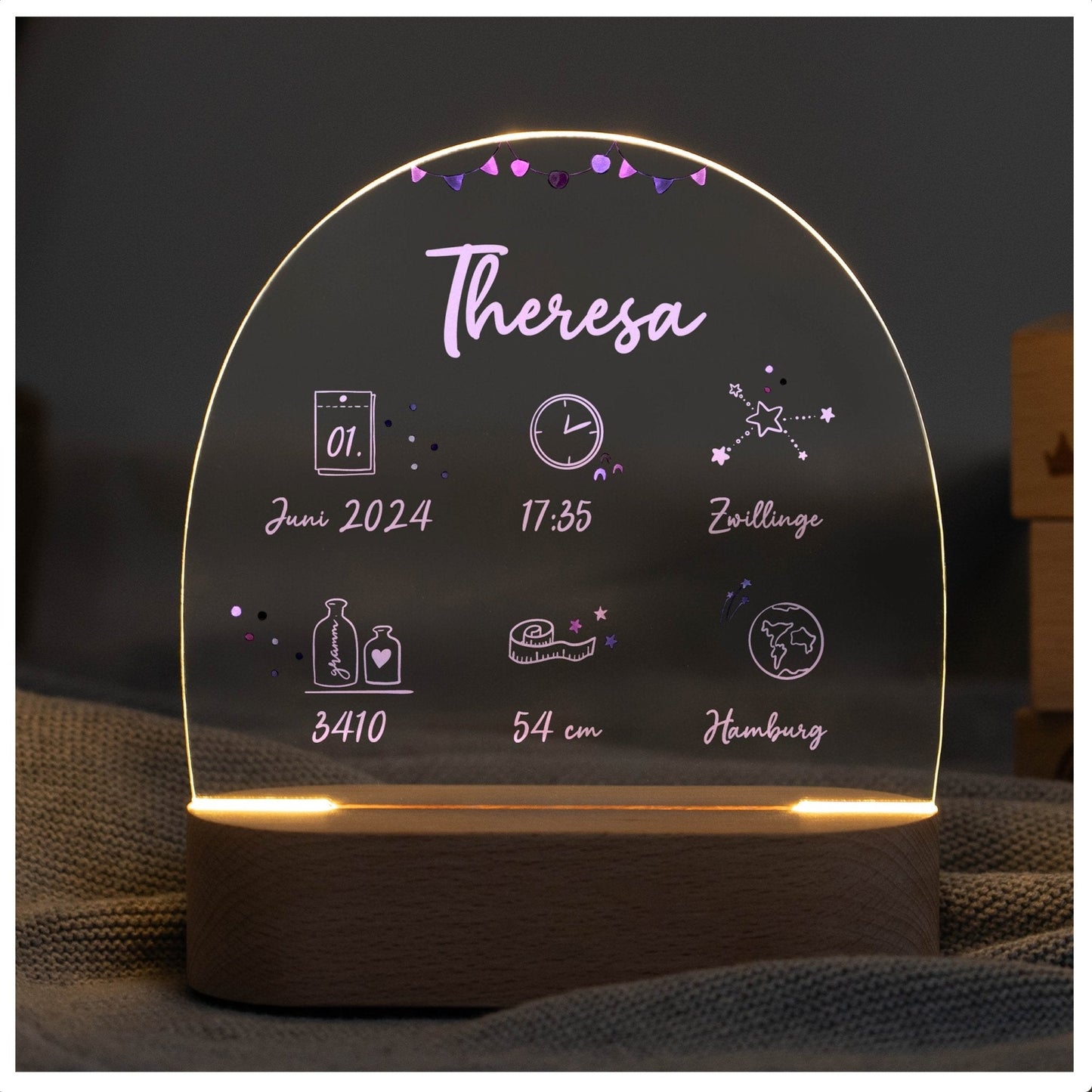 LED Nachtlicht Kinder personalisiert - Geburtsdaten rosa