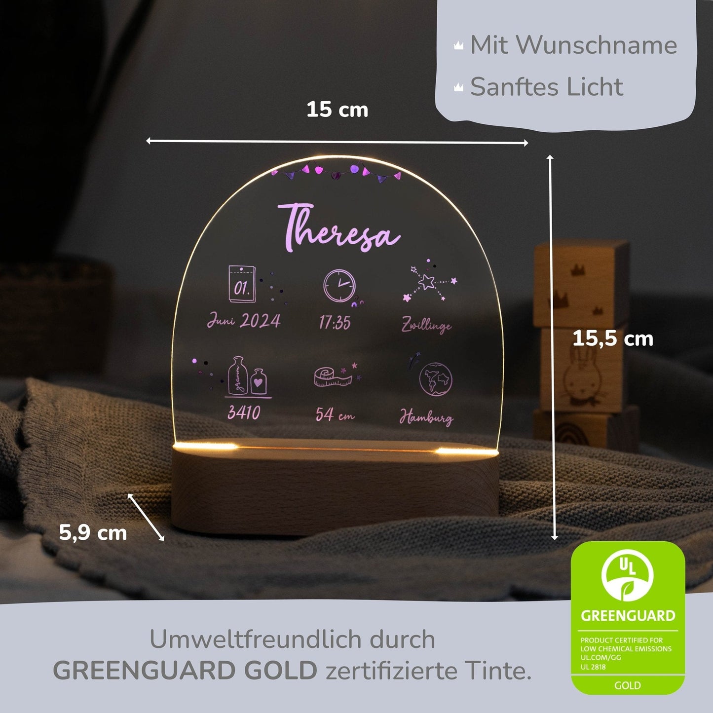 LED Nachtlicht Kinder personalisiert - Geburtsdaten rosa