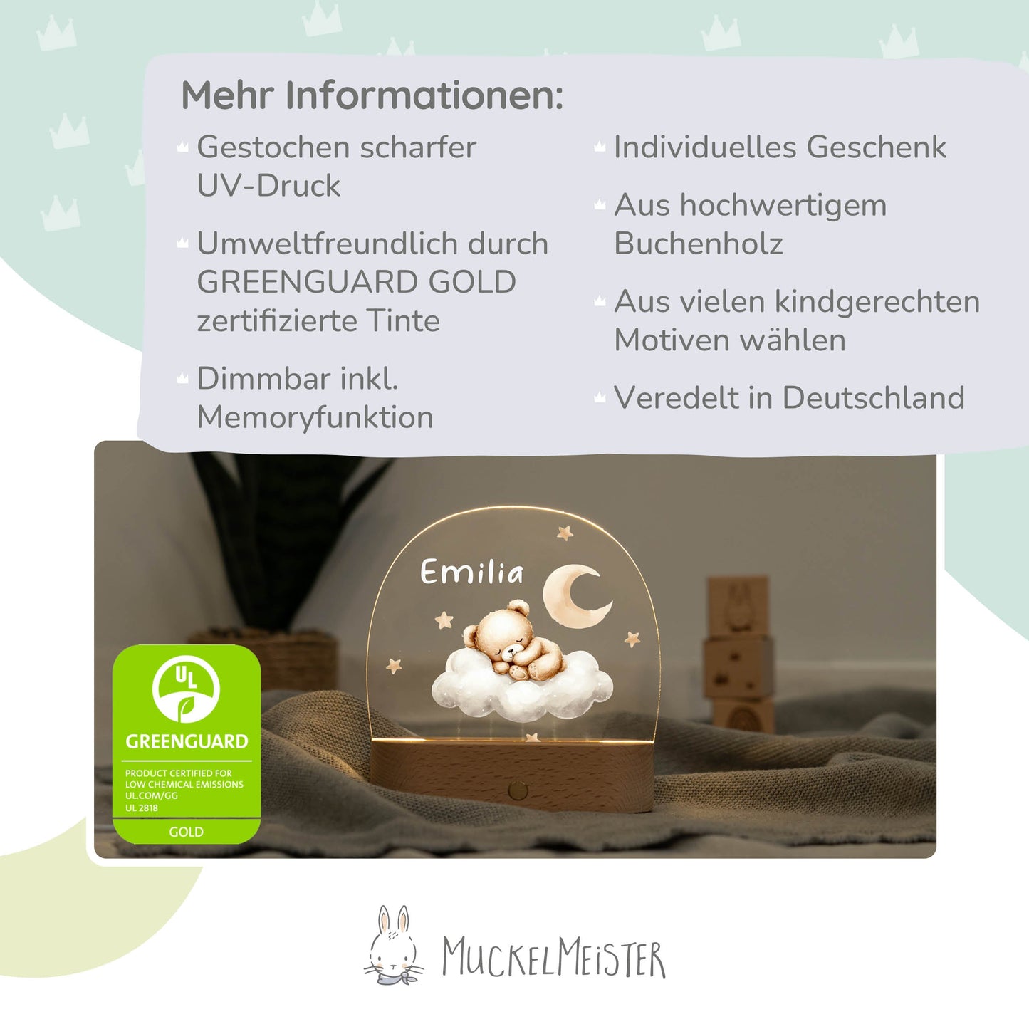 Nachtlicht Kinder personalisiert - Bär auf Wolke