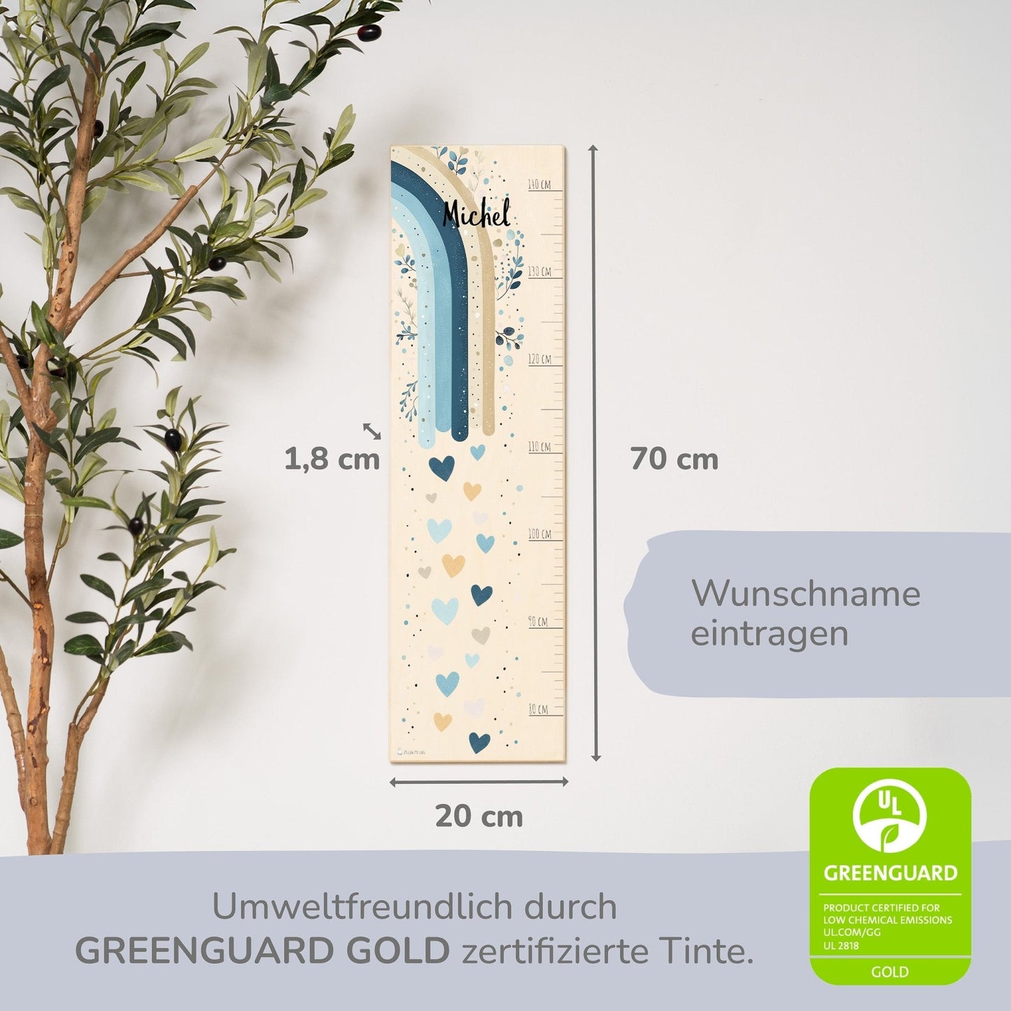 Messlatte Kinder Holz - Regenbogen Boho Blau