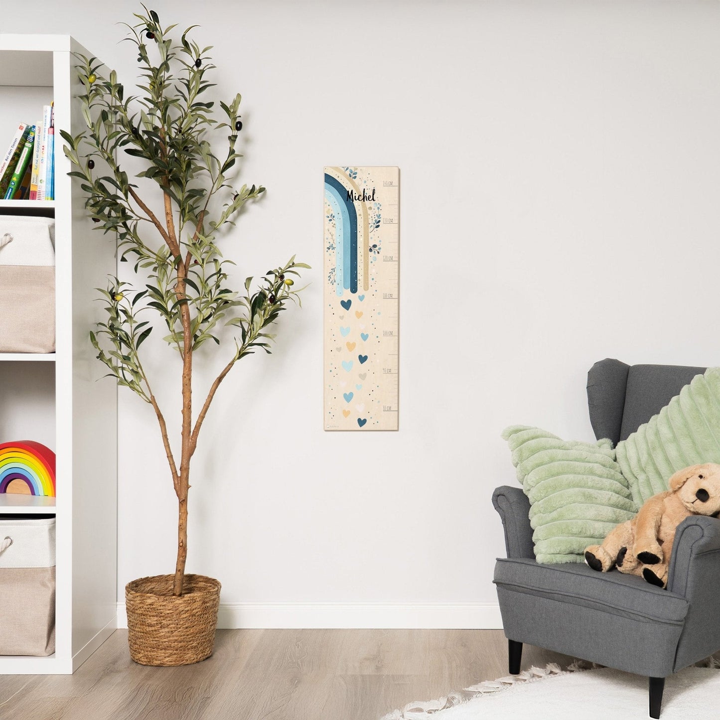 Messlatte Kinder Holz - Regenbogen Boho Blau