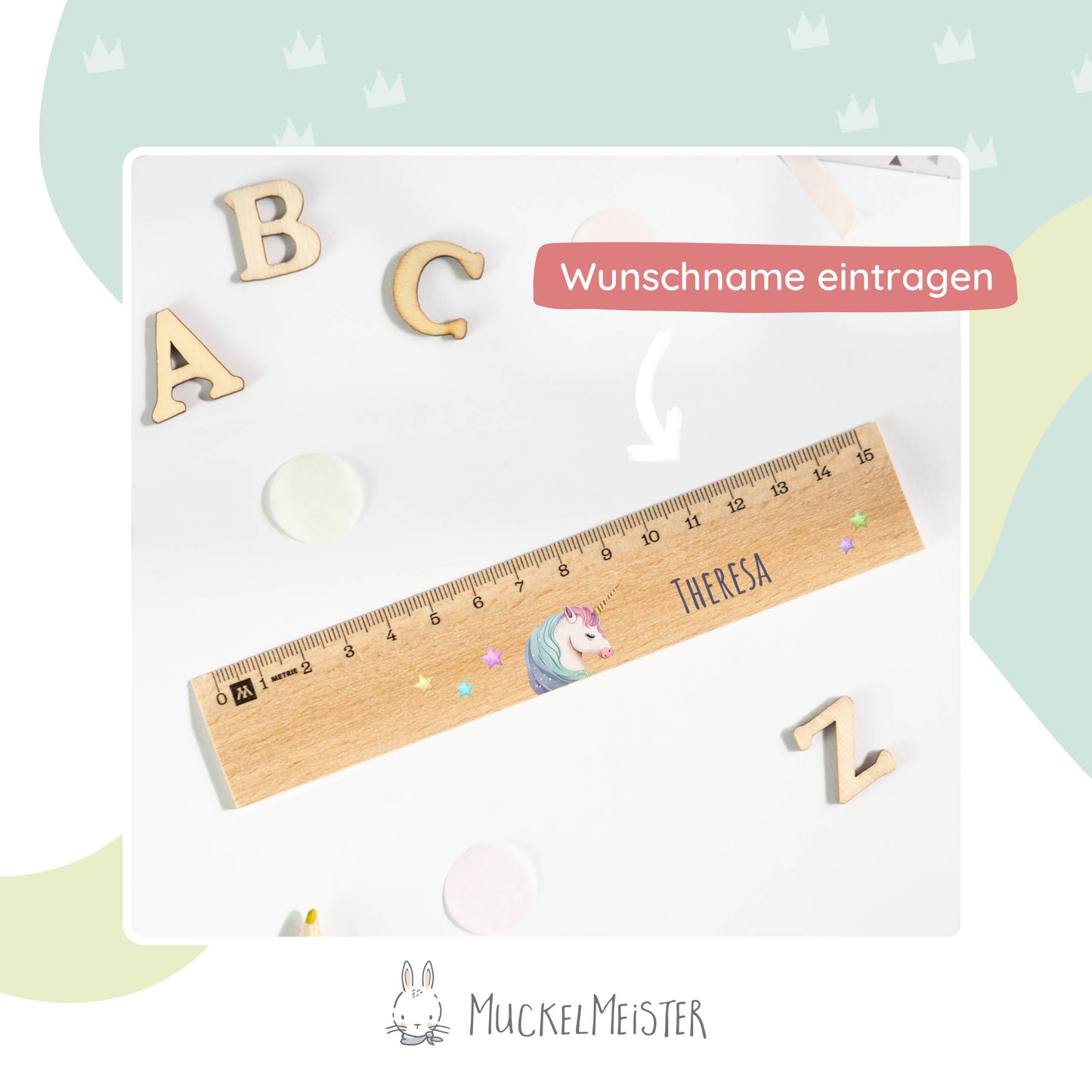 Holzlineal mit Namen zur Einschulung - Motiv Einhorn