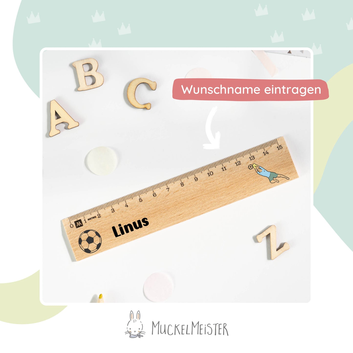 Holzlineal mit Namen zur Einschulung - Motiv Fussball