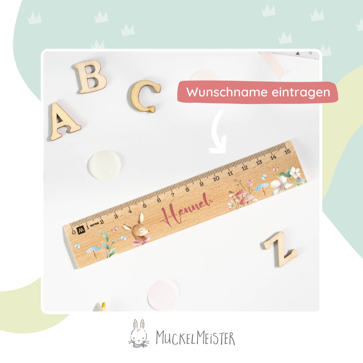 Holzlineal mit Namen zur Einschulung - Motiv Reh