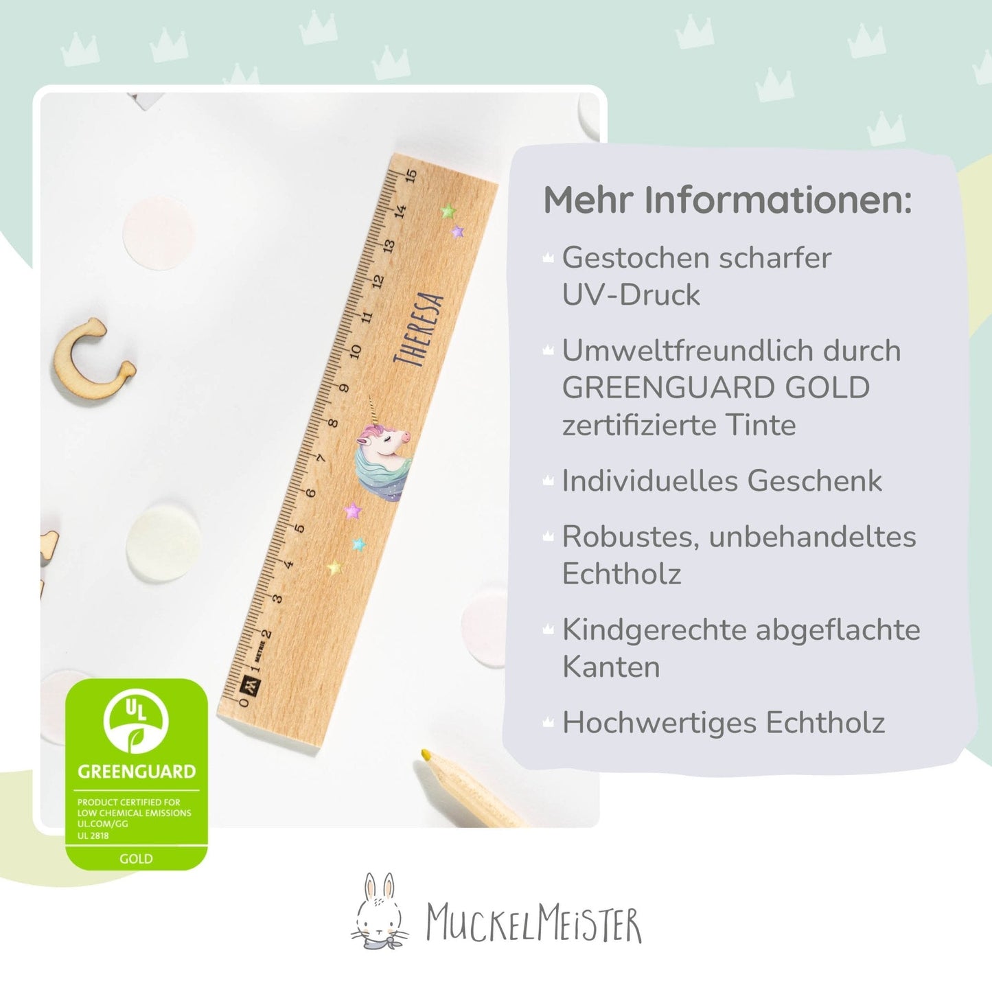 Holzlineal mit Namen zur Einschulung - Motiv Einhorn