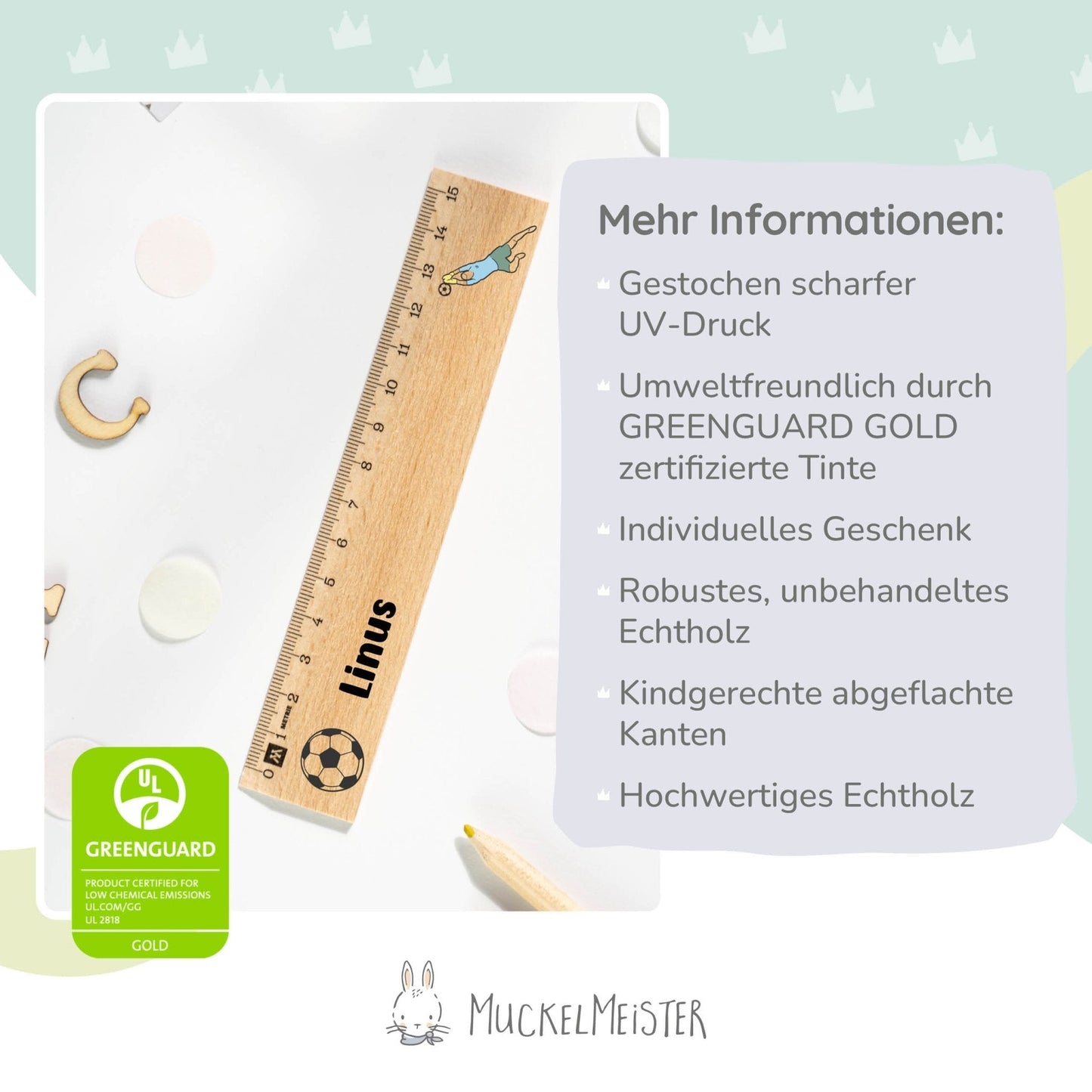 Holzlineal mit Namen zur Einschulung - Motiv Fussball