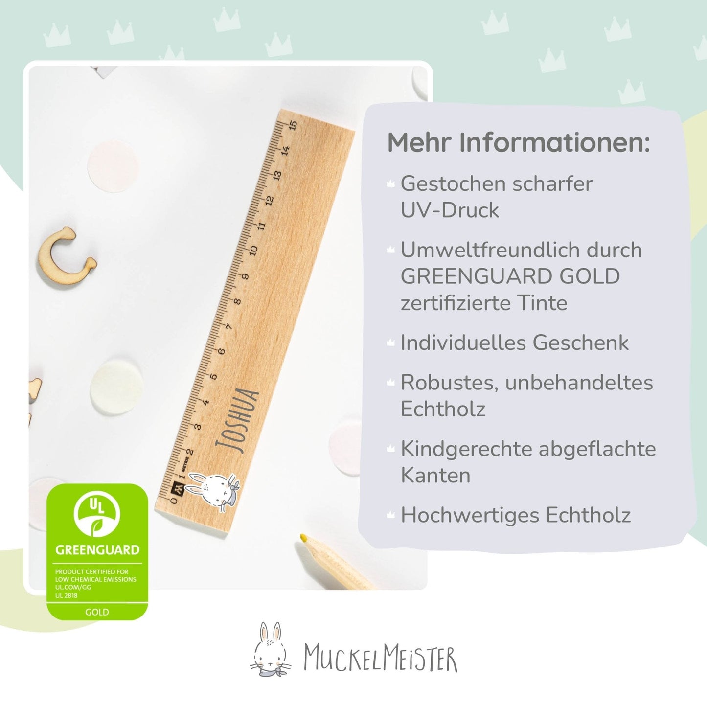 Holzlineal mit Namen zur Einschulung - Motiv Muckelmeister