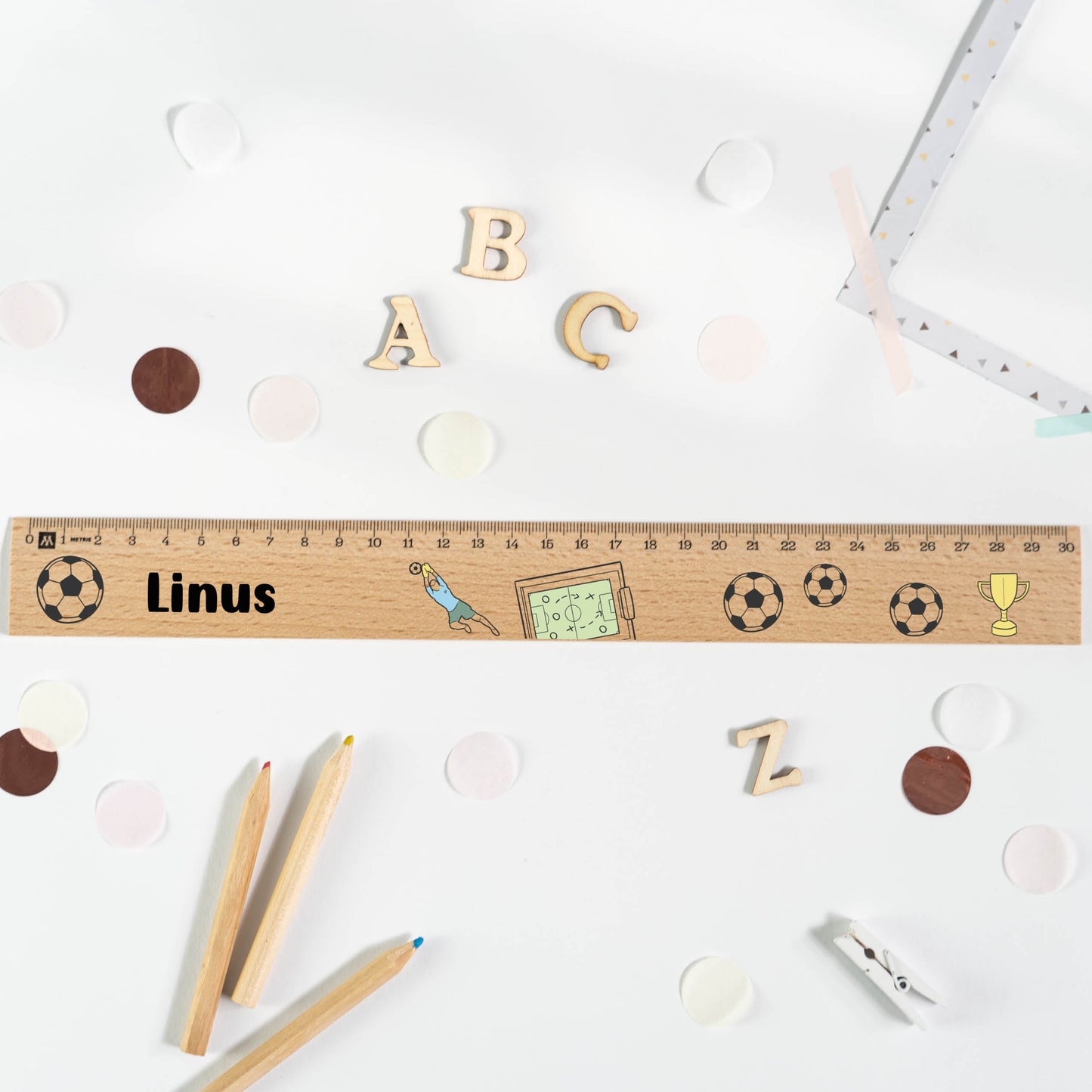 Holzlineal mit Namen zur Einschulung - Motiv Fussball