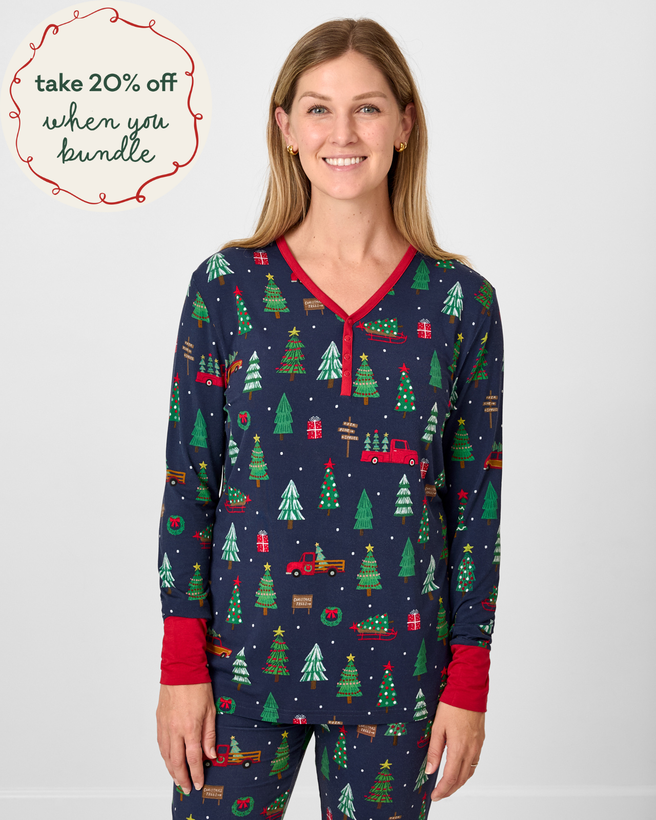 Navy Tree Traffic Women's Long Sleeve Pajama Top