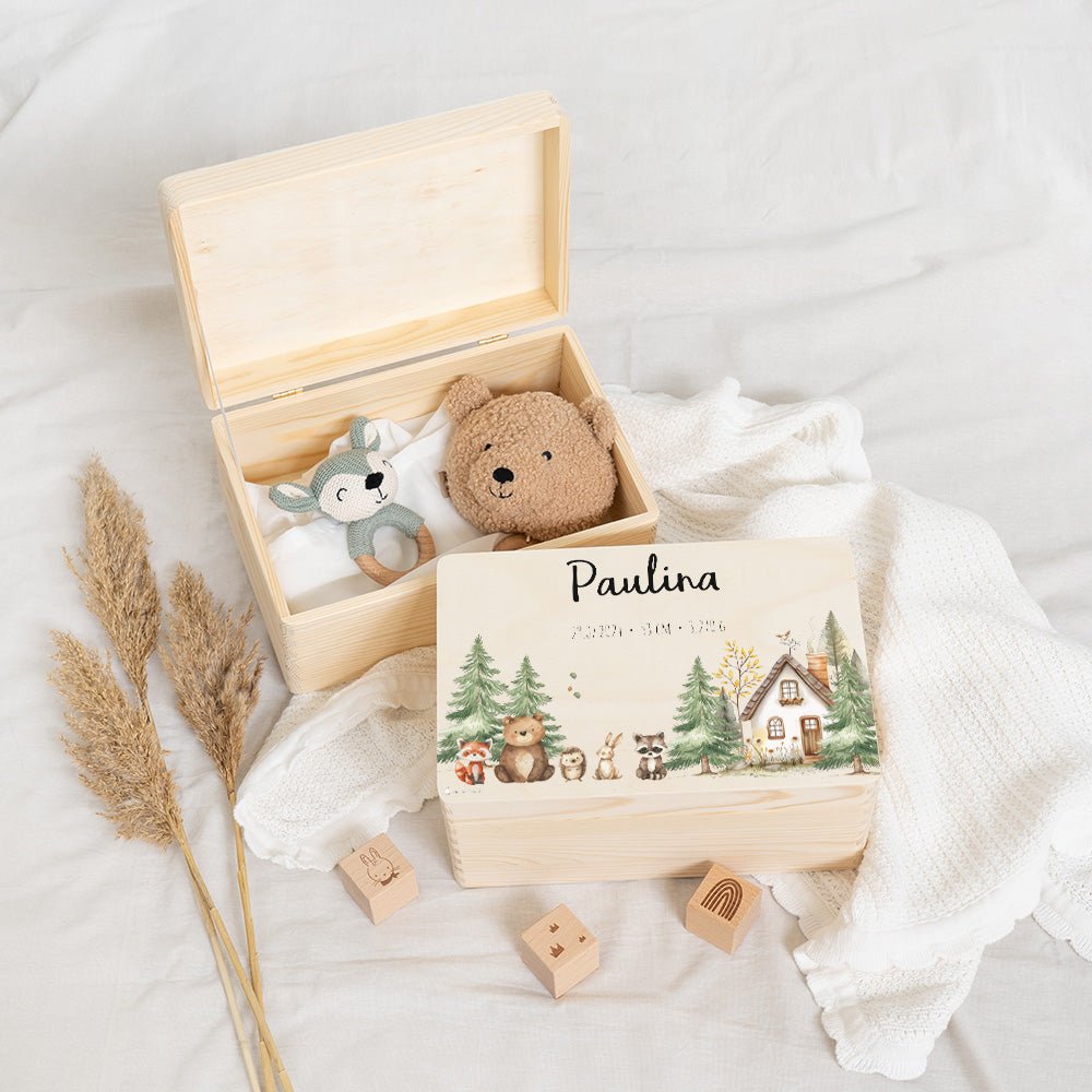 Erinnerungsbox Waldtiere Haus mit Wunschtext