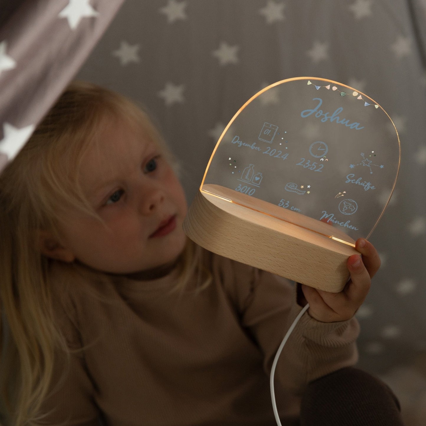 LED Nachtlicht Kinder personalisiert - Geburtsdaten blau