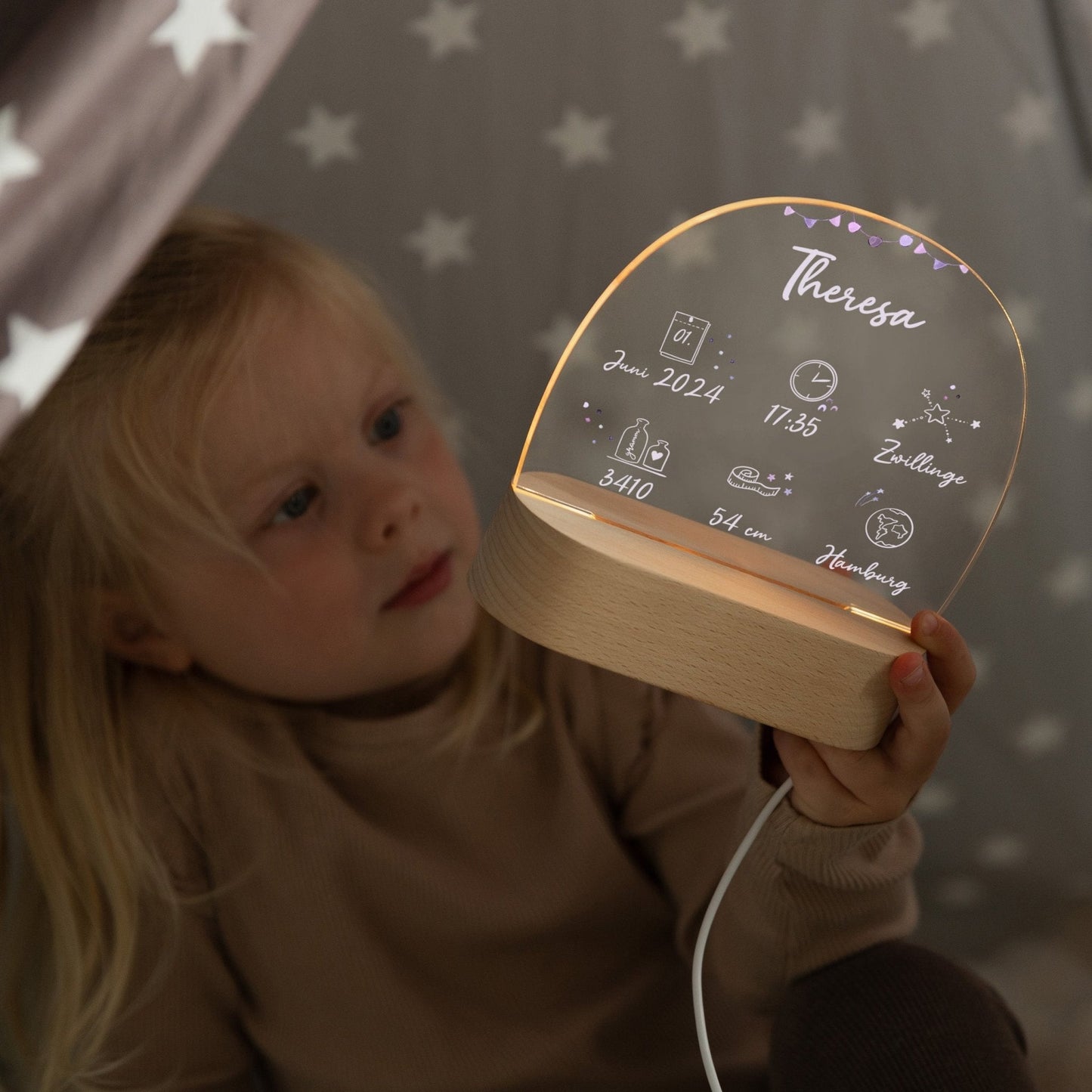 LED Nachtlicht Kinder personalisiert - Geburtsdaten rosa