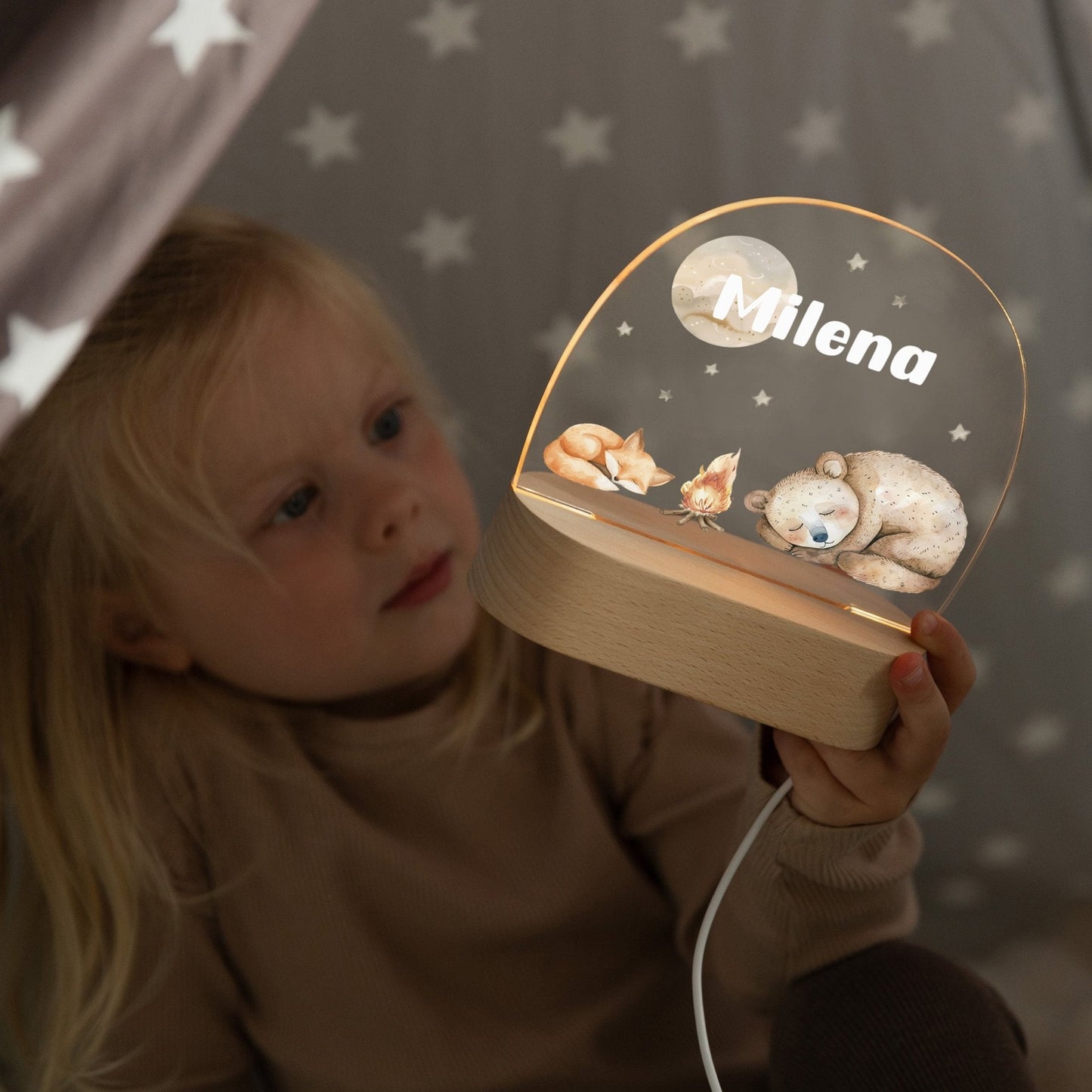 LED Nachtlicht Kinder personalisiert - Lagerfeuer Fuchs und Bär